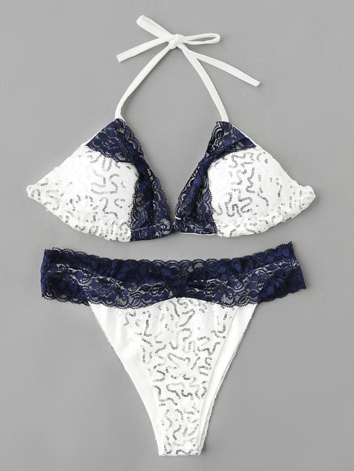 Shein Contrast Lace Trim Sequin Detail Bikini Set