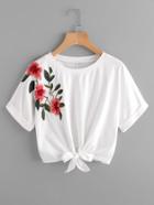 Shein Knot Front Cuffed Embroidered Tee