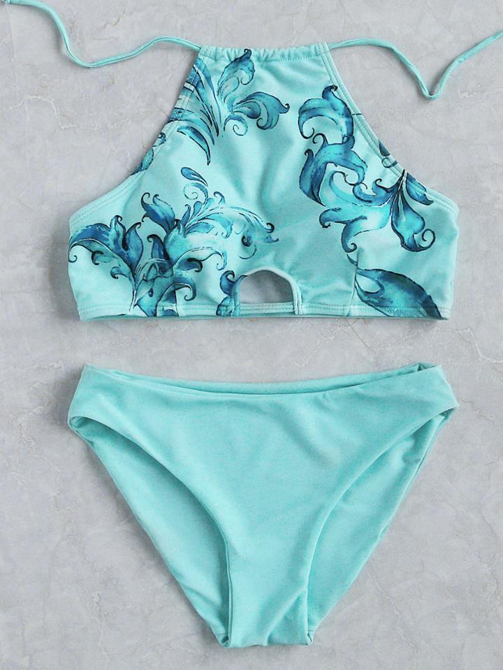 Shein Turquoise Floral Print Halter Bikini Set