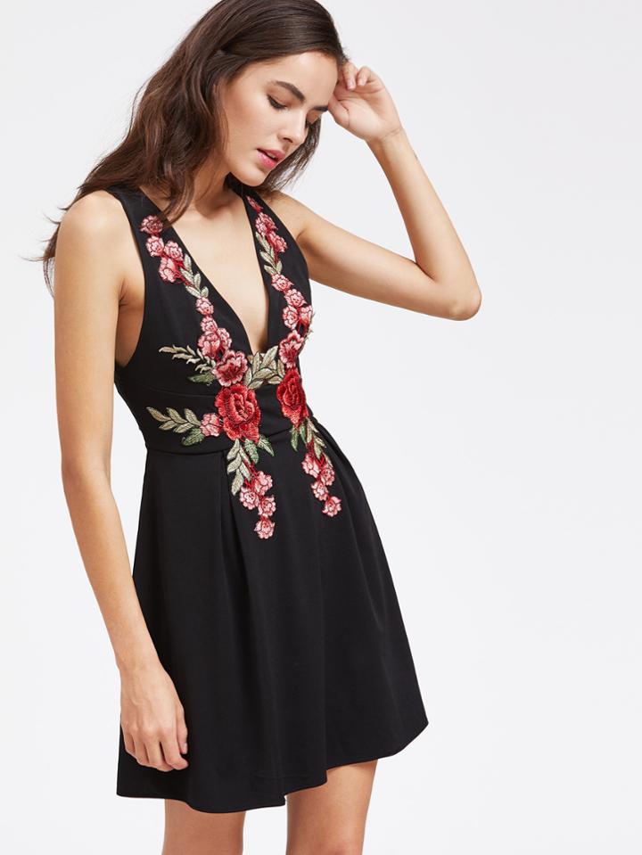 Shein Deep-plunge Neck Embroidery V Back A Line Dress With Zipper