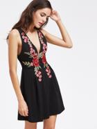 Shein Deep-plunge Neck Embroidery V Back A Line Dress With Zipper