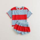 Shein Boys Raw Edge Wide Stripe Tee & Shorts Set