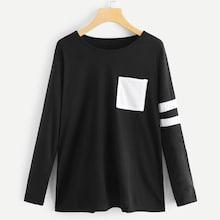 Shein Pocket Decoration Varsity-striped Tee