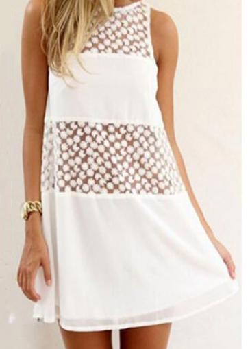 Rosewe Lace Splicing Round Neck Sheer Shift Dress