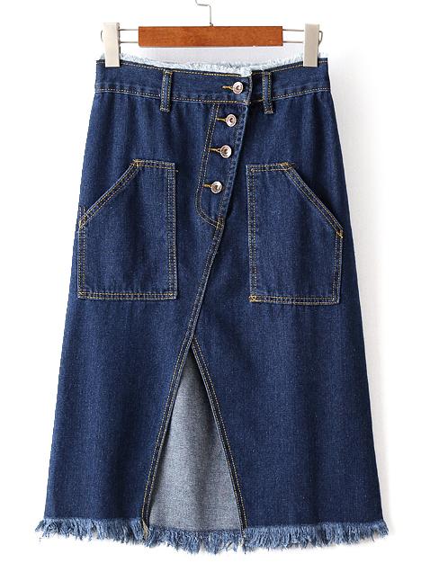 Shein Dark Blue Button Cutout Front Raw-edge Hem Denim Skirt