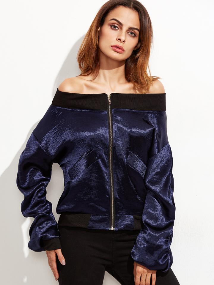 Shein Contrast Trim Shirred Sleeve Jacket