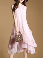 Shein Pink Flowers Embroidered High Low Layered Dress