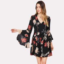 Shein Floral Print Trumpet Sleeve Dress