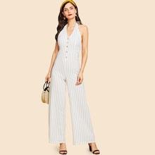 Shein Vertical Stripe Buttoned Halter Jumpsuit