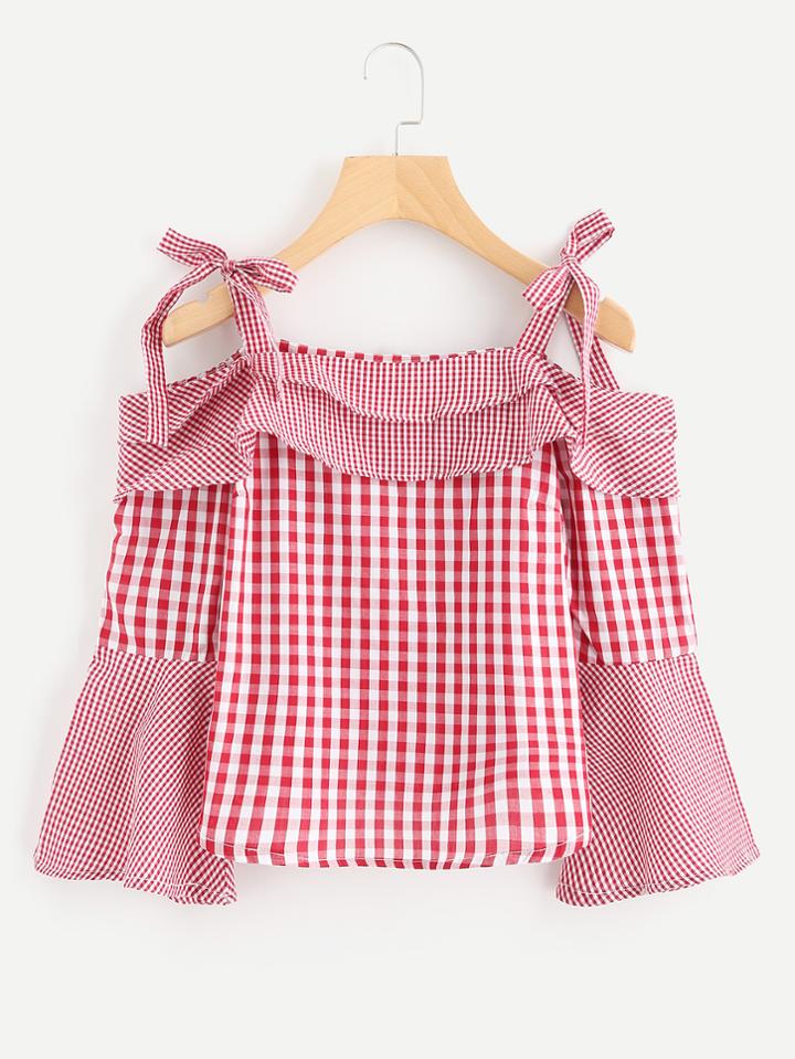Shein Self Tie Open Shoulder Gingham Blouse