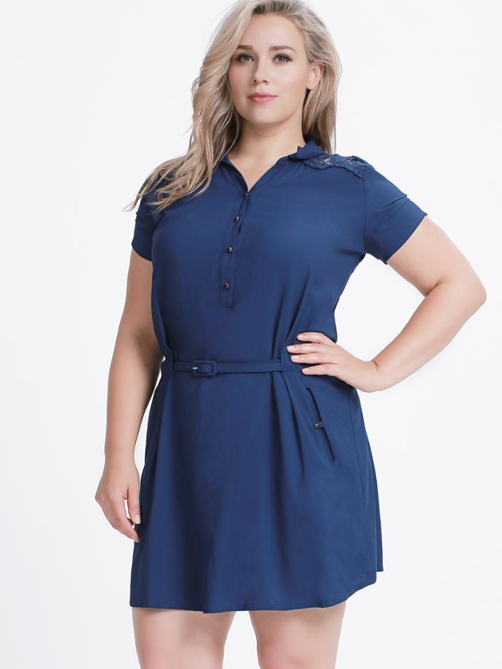 Shein Navy Lace Insert Shirt Plus Size Dress With Belt