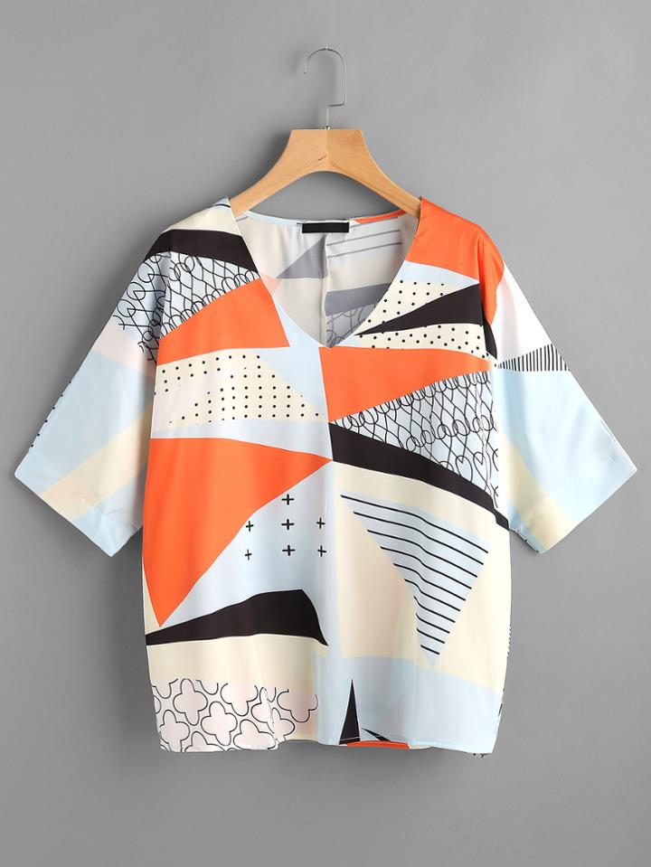 Shein V-neckline Mixed Print Top