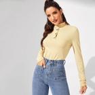 Shein Button Front Mock-neck Solid Tee