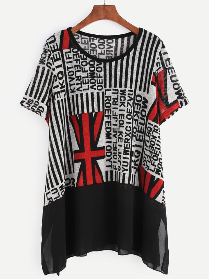 Shein Contrast Trimmed Letters Print Slit Side Blouse