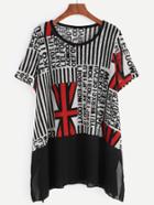 Shein Contrast Trimmed Letters Print Slit Side Blouse