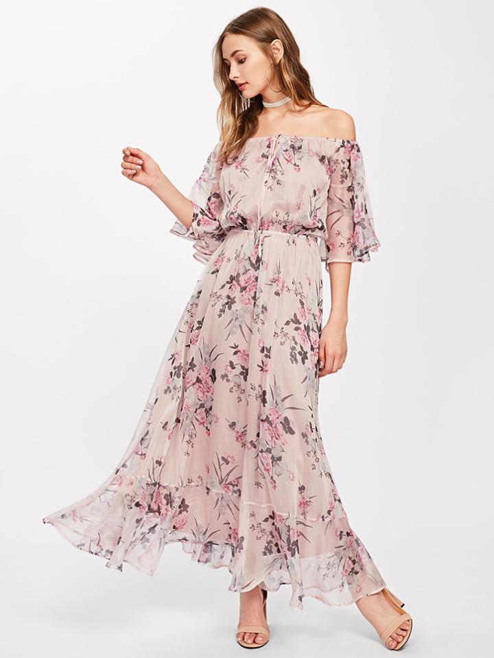 Shein Tie Front Trumpet Sleeve Botanical Bardot Dress