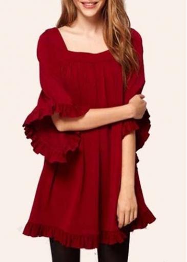 Rosewe Wine Wred Square Neck Three Quarter Sleeve Mini Dress