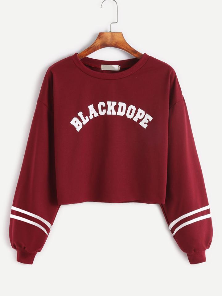 Shein Burgundy Varsity Print Raw Hem Crop Sweatshirt