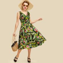 Shein Botanical Print Boxed Pleated Wrap Dress