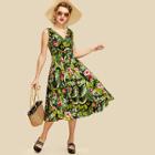 Shein Botanical Print Boxed Pleated Wrap Dress