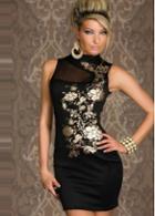 Rosewe Special Mandarin Collar Sleeveless Black Dress With Flower