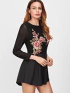 Shein Black Contrast Mesh Flower Embroidered Zipper Back Romper