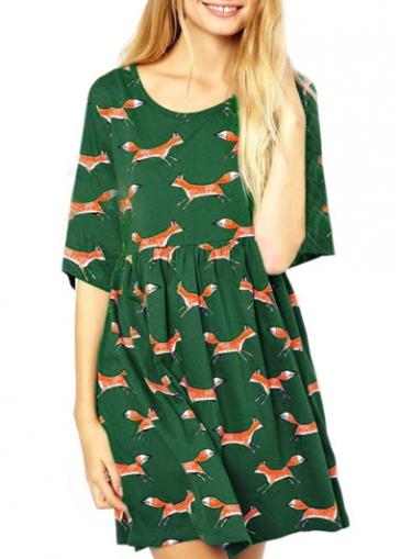 Rosewe Green Round Neck Fox Print Mini Dress