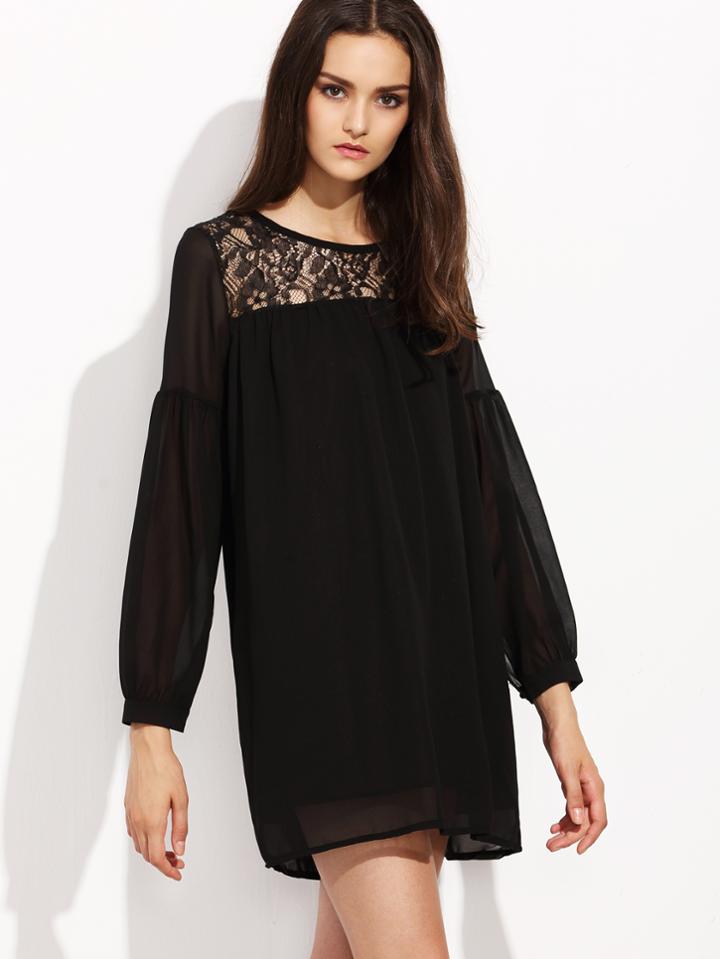 Shein Black Lace Yoke Drop Shoulder Shift Dress