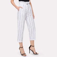 Shein Ruffle Waist Cuffed Hem Striped Pants