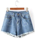Shein Blue Heart Embroidery Pocket Raw-edge Hem Denim Shorts