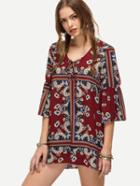 Shein Burgundy Lce-up Neckline Tribal Print Dress