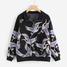 Shein Crane Print Zip Front Sweatshirt