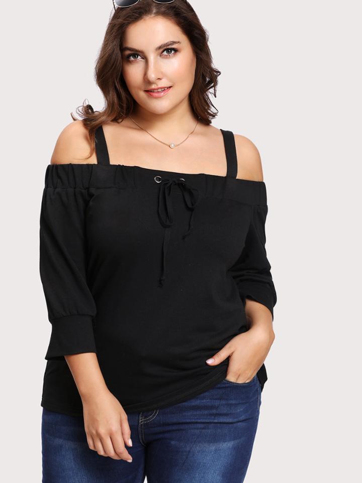 Shein Grommet Tie Front Cold Shoulder Top