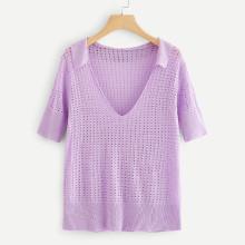 Shein Collared V-neck Eyelet Knit Top