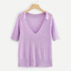 Shein Collared V-neck Eyelet Knit Top