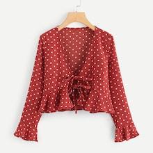 Shein Ruffle Cuff And Hem Knot Front Crop Top