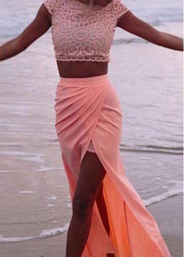 Rosewe Pink Lace Crop Top And Side Slit Maxi Skirt
