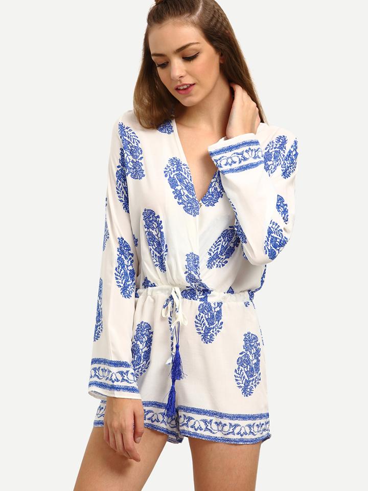 Shein Surplice Front Drawstring Waist Printed Romper - White