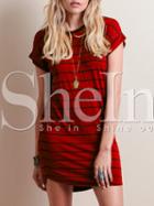 Shein Red Short Sleeve Chambray Stripy Fringes Stria Striped Dress