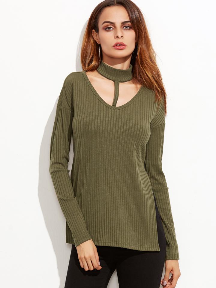Shein Army Green Choker Neck Side Slit Ribbed T-shirt
