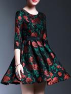 Shein Black Roses Jacquard Tie-waist A-line Dress