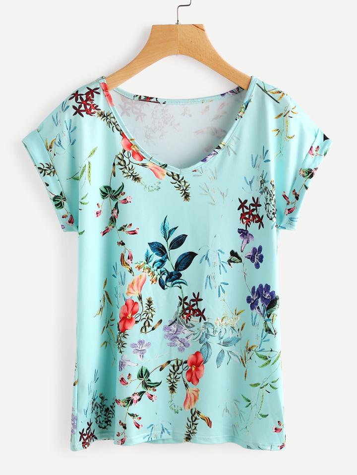 Shein Rolled Cuff Flower Print T-shirt