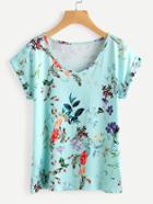Shein Rolled Cuff Flower Print T-shirt
