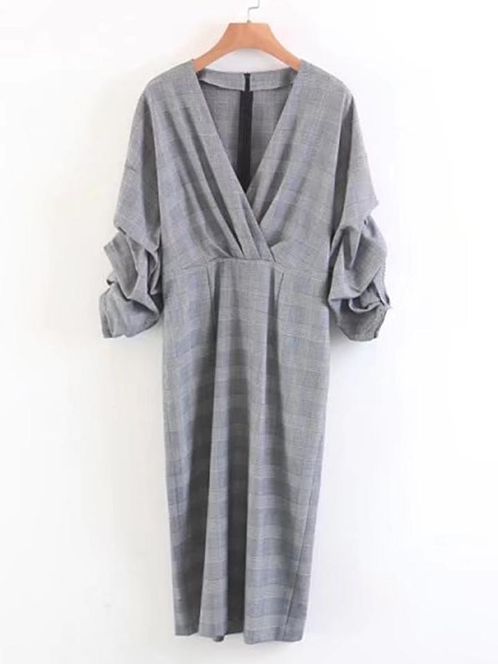 Shein Ruched Sleeve Surplice Plaid Dress