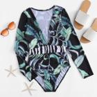 Shein Leaf Print V Plunge Swimsuit