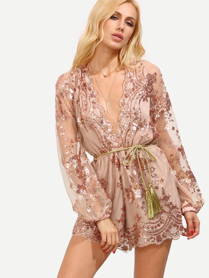 Shein Champagne Deep V Neck Sequined Romper With Belt