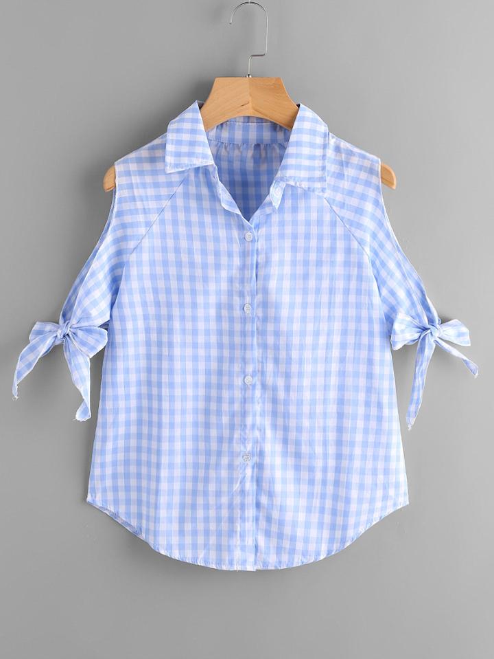 Shein Gingham Open Shoulder Tie Cuff Blouse