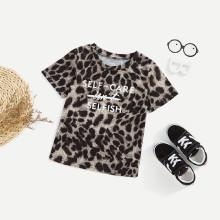 Shein Girls Cuffed Sleeve Lettering & Leopard T-shirt