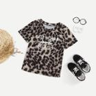 Shein Girls Cuffed Sleeve Lettering & Leopard T-shirt