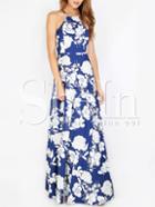 Shein Blue Halter Neck Floral Print Maxi Dress